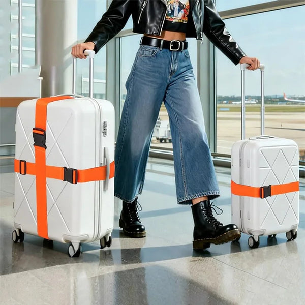 A person wearing a leather jacket and jeans is pulling two white rolling suitcases across a floor.