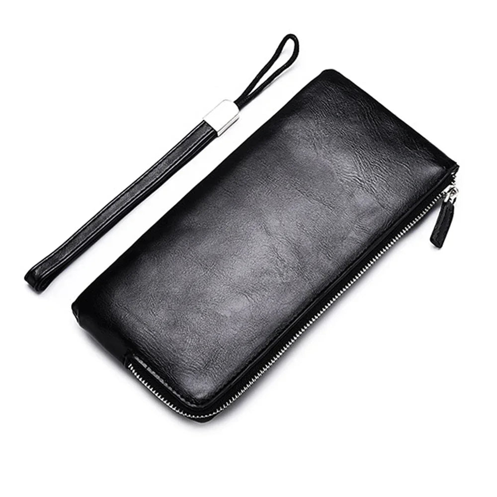 Black PU leather men's clutch wallet with a black strap shown diagonally.