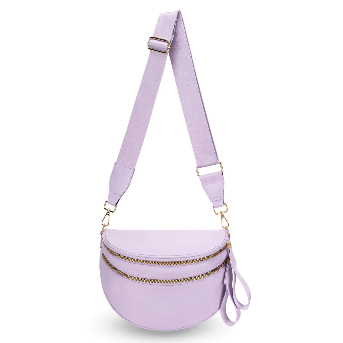 Lavendiger karierter Crossbody-Bag mit goldfarbenem Riemen und Reißverschlussdetails.
