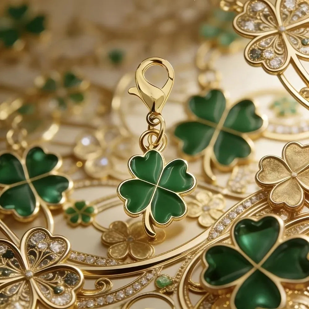Gold and green four leaf clover keychain with sparkling accents