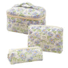 A set of quilted cotton makeup organizers featuring a light blue and green floral pattern.