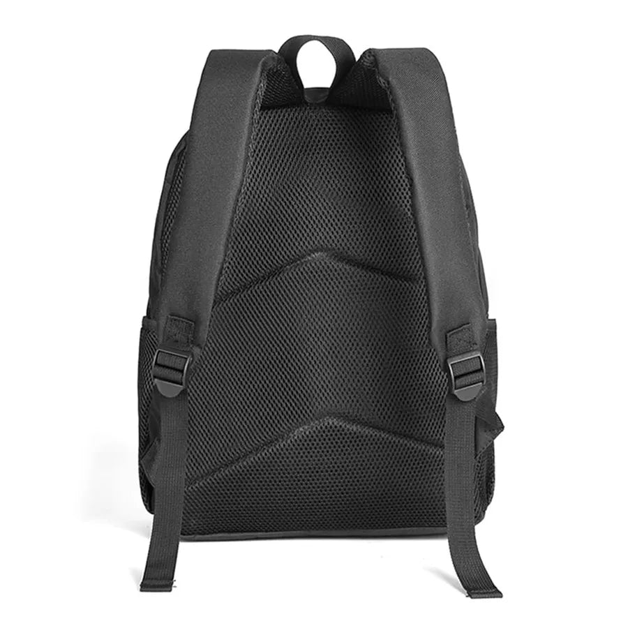 Black cartoon-themed backpack for kids featuring a front pocket and padded straps.