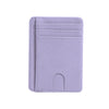 A slim purple leather card holder wallet with stitched edges and a slot for cards.