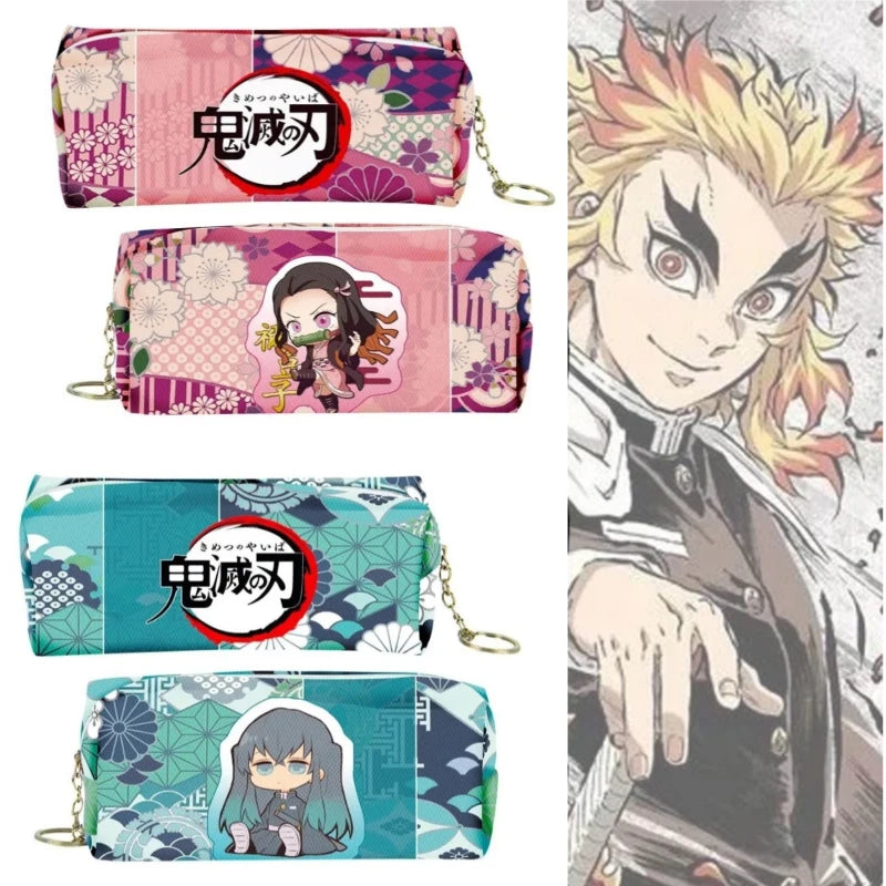 A set of four Demon Slayer themed PU leather pencil cases featuring characters and artwork.