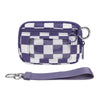 A purple checkered wallet with an ID window and a leather strap.