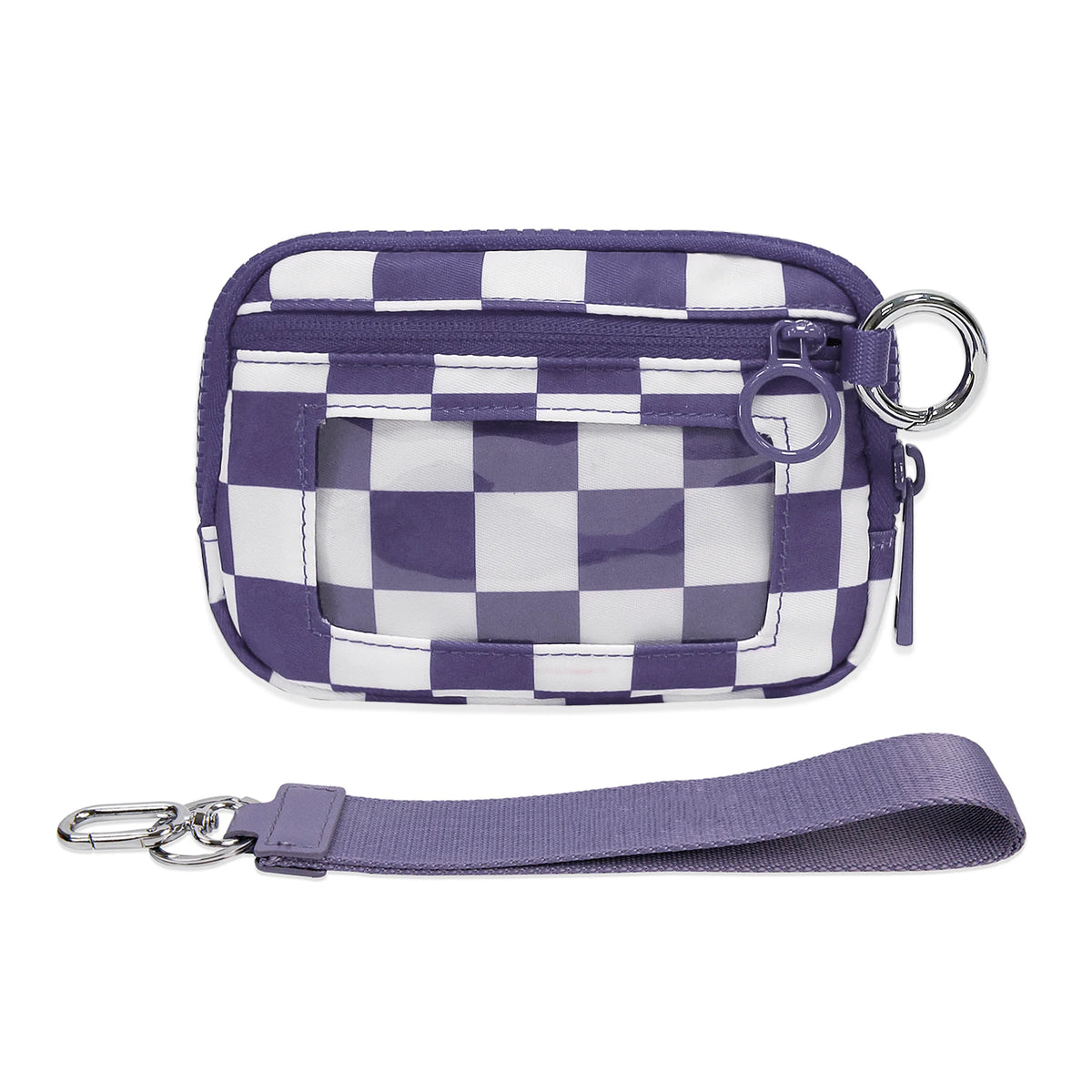 A purple checkered wallet with an ID window and a leather strap.