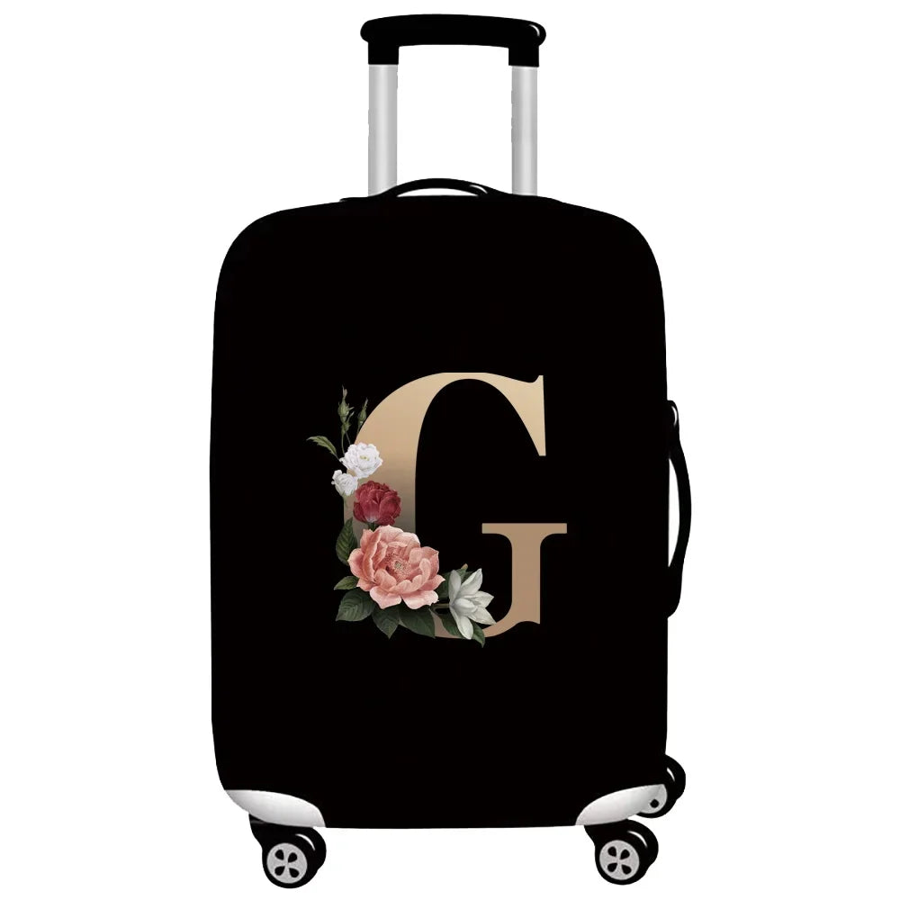 Black premium stretch luggage protective cover with a large gold initial G and floral accents