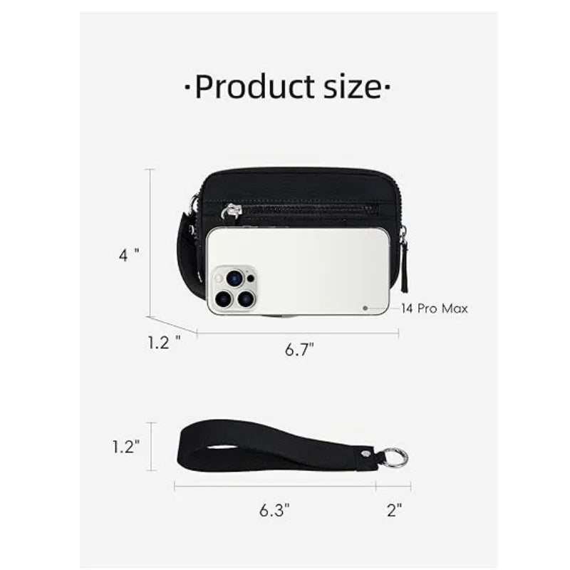 Portefeuille à bracelet en nylon matelassé noir avec ses dimensions et une sangle séparée.