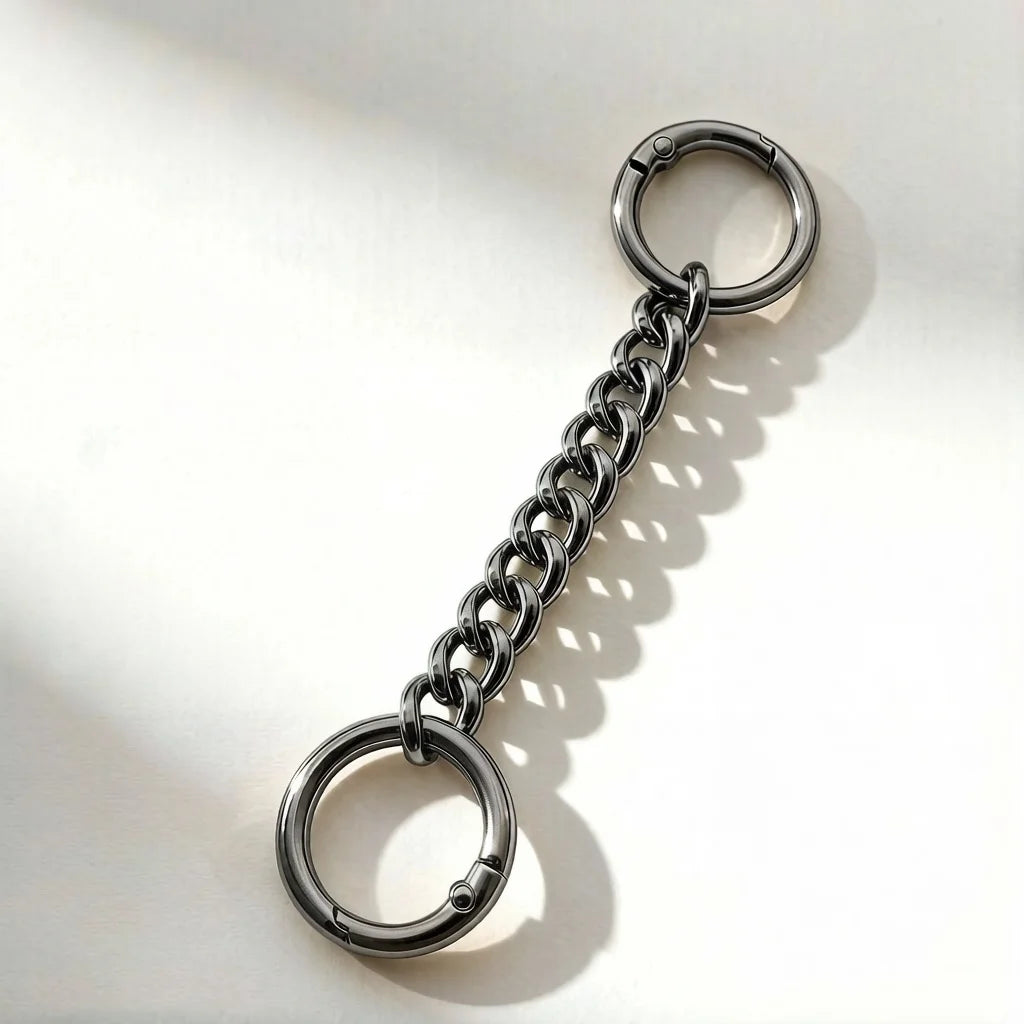 A silver metal chain extender with a circular loop, used for handbags.