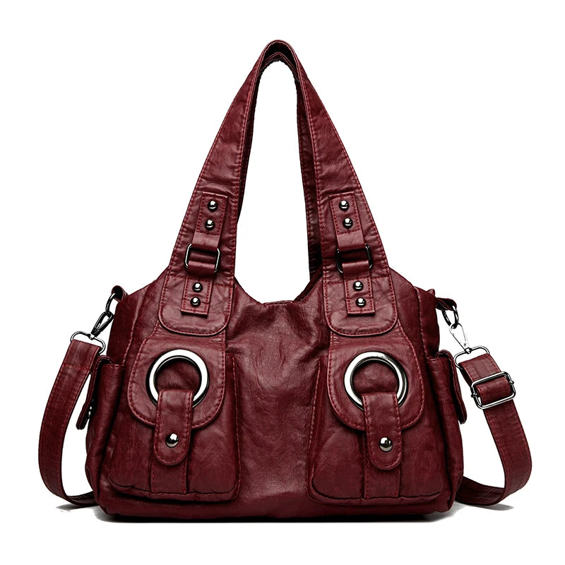 Dunkelrote Vintage Soft Kunstleder-Schultertasche mit Klappverschluss und silberner Hardware.