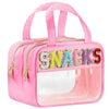 Pink clear makeup bag featuring a chenille letter design and waterproof features.