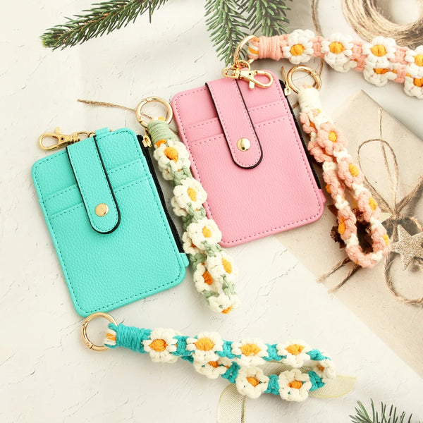 Pink and teal silicone PU leather key chain wristlet wallet with floral beaded charm