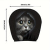 A black fabric headrest cover featuring a realistic gray cat face with large eyes and whiskers.