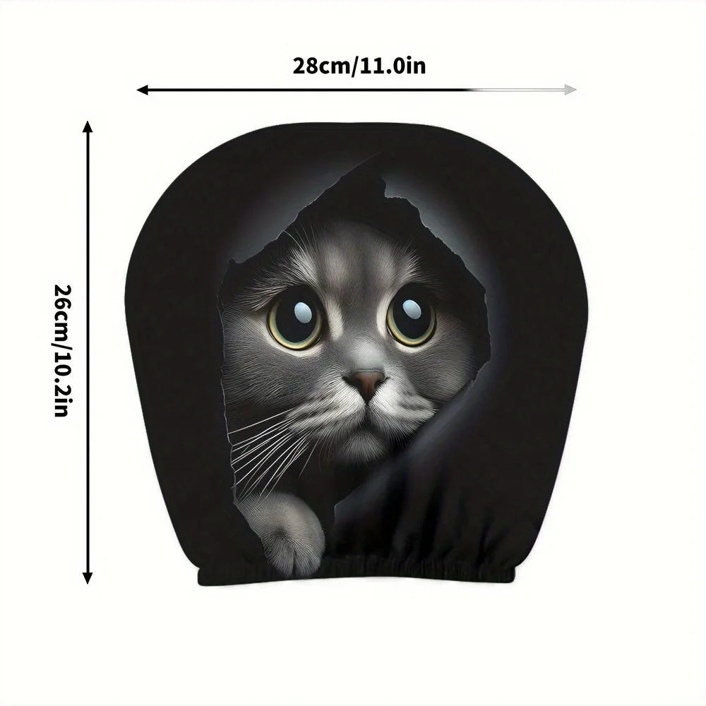 A black fabric headrest cover featuring a realistic gray cat face with large eyes and whiskers.
