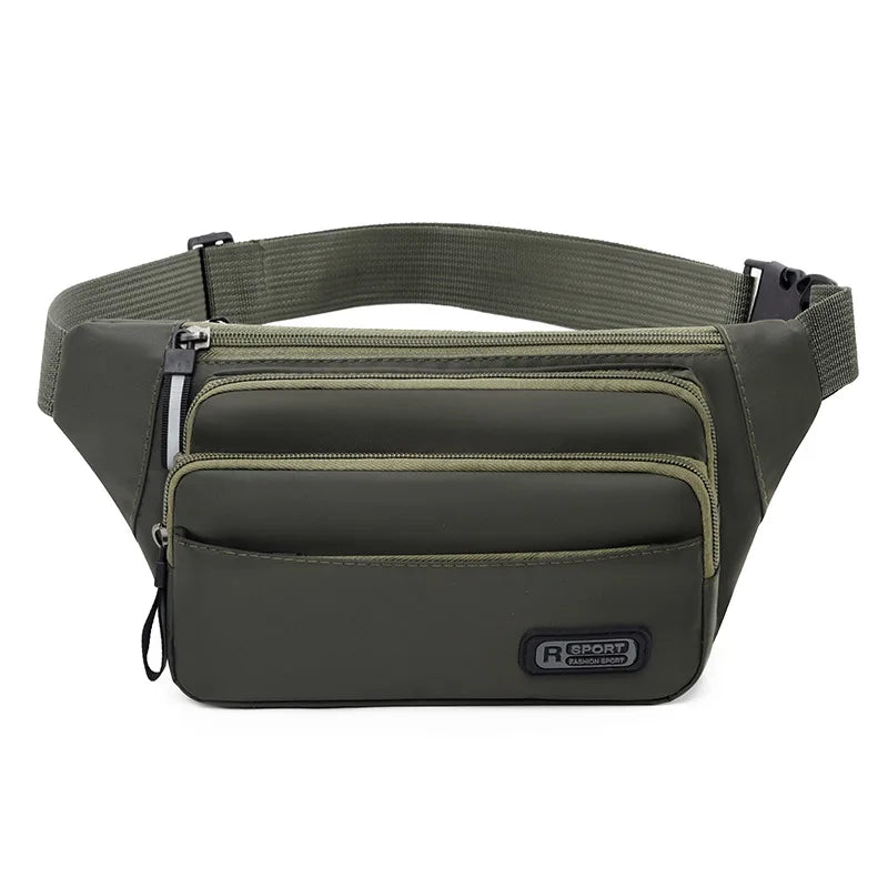 Petit sac banane imperméable vert olive avec fermeture éclair et sangle réglable.