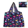 A reusable nylon tote bag featuring a dark purple background with colorful elephant and animal illustrations.