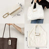 White cloth storage pouch with a gold keychain attached, shown in various angles.