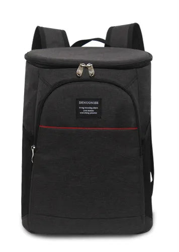 Black insulated thermal cooler backpack with a top handle and zippered pocket.