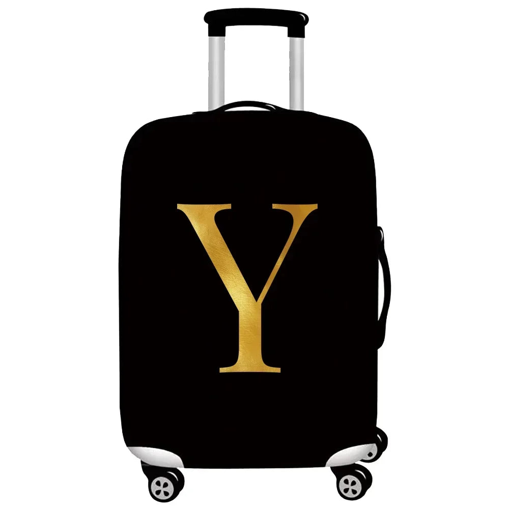 Black luggage with a gold letter Y on the side