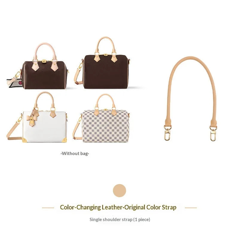 Three versions of a shoulder bag featuring a color-changing leather strap, including a brown and a white option.