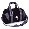 A black water-resistant travel duffel bag with gray straps and buckles.