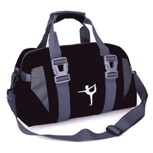 A black water-resistant travel duffel bag with gray straps and buckles.