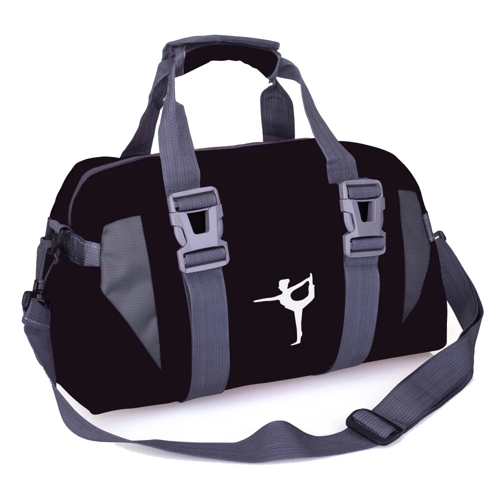 A black water-resistant travel duffel bag with gray straps and buckles.
