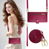 A woman models a pink leather crossbody phone case with a gold chain against a light background.