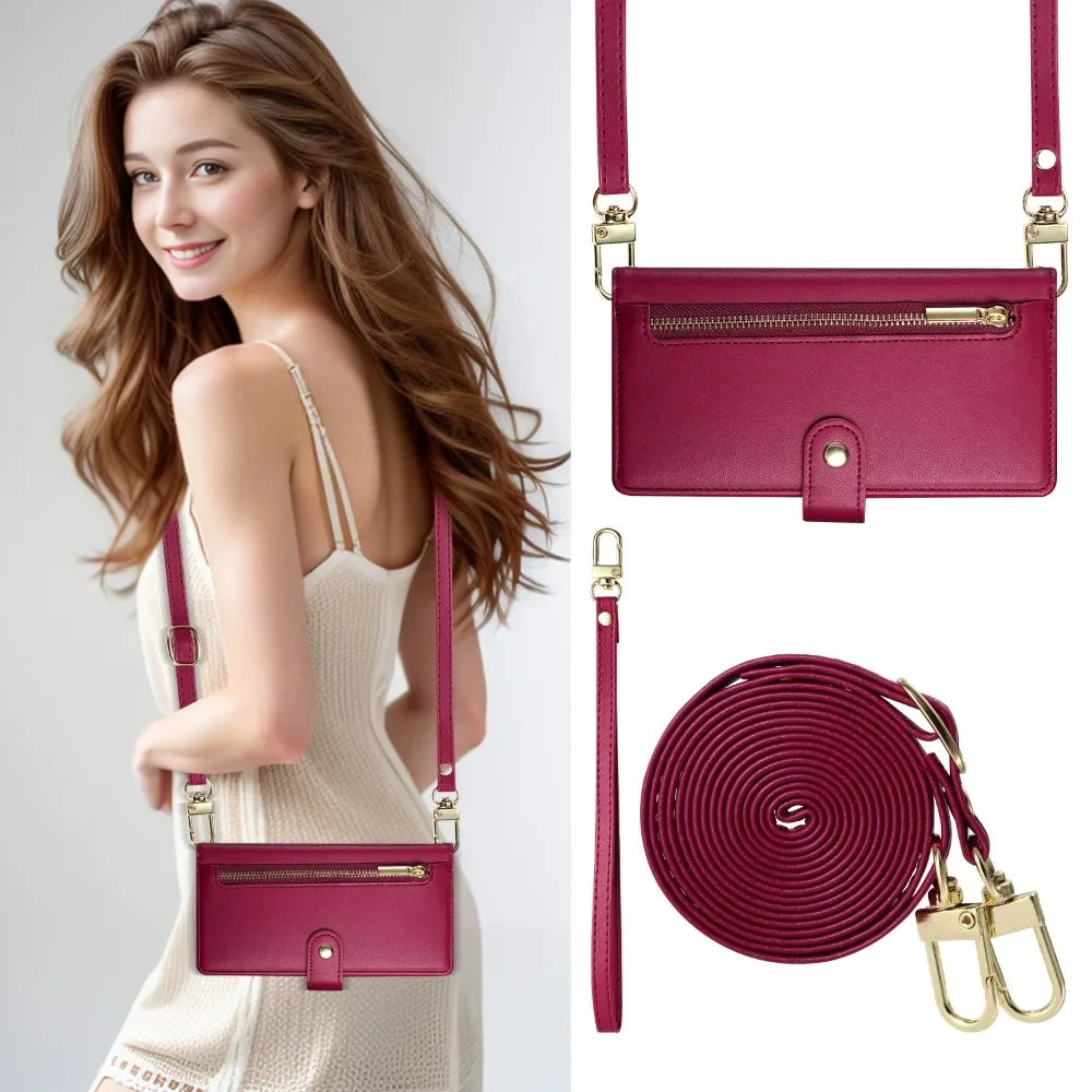 A woman models a pink leather crossbody phone case with a gold chain against a light background.