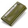 A olive green genuine leather women's wallet with a zippered compartment and RFID protection features.