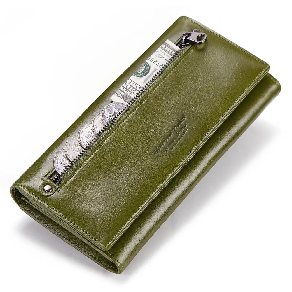 A olive green genuine leather women's wallet with a zippered compartment and RFID protection features.