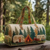 A quilted travel duffle bag featuring a natural wood and fabric pattern set against a blurred forest background.