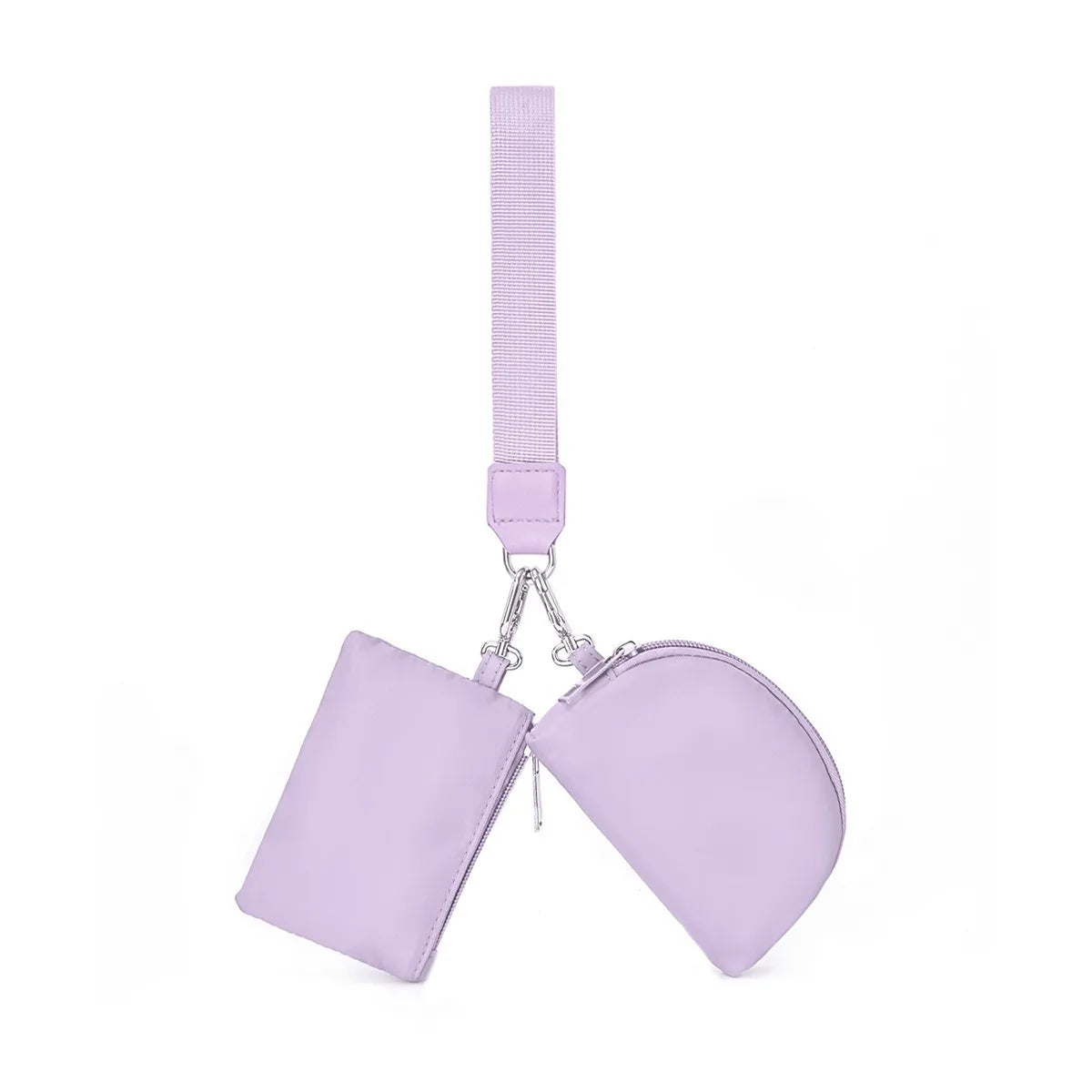 A lavender compact wristlet wallet with a strap and two separate zip pockets.