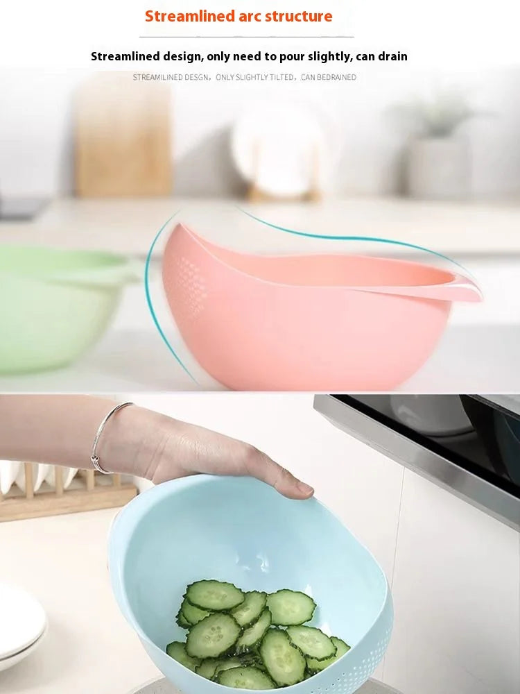 A light blue plastic drain and storage basket filled with sliced cucumbers.