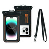A black waterproof phone case with an orange accent and a detachable black strap is shown.