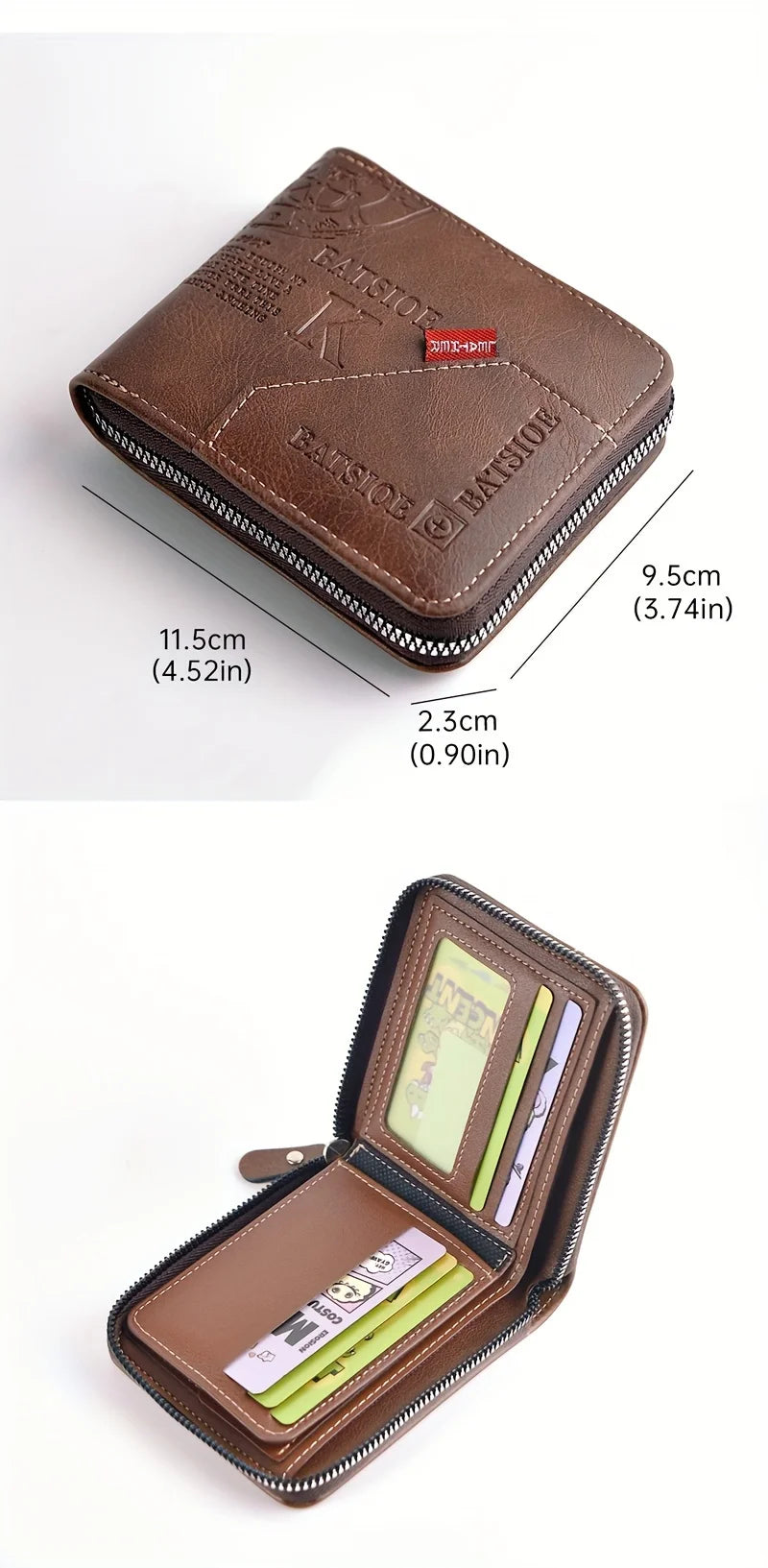 A brown slim PU leather wallet with a zipper closure and a card slot, shown from above and the side.