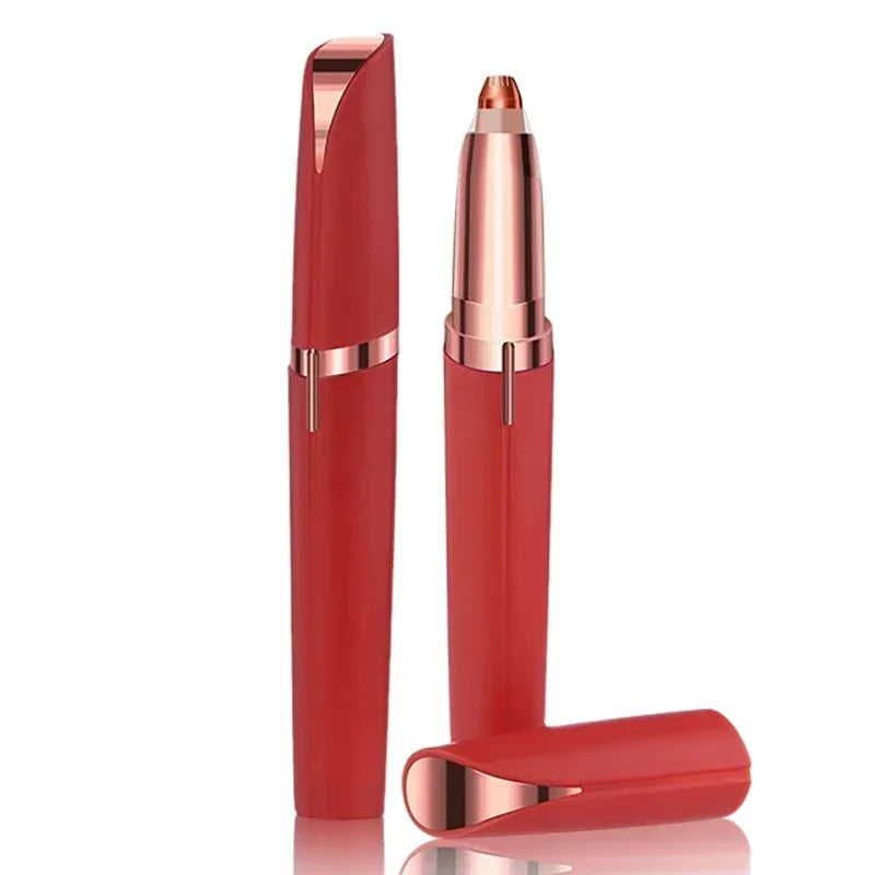A sleek, red precision electric eyebrow trimmer with a metallic cap and body.