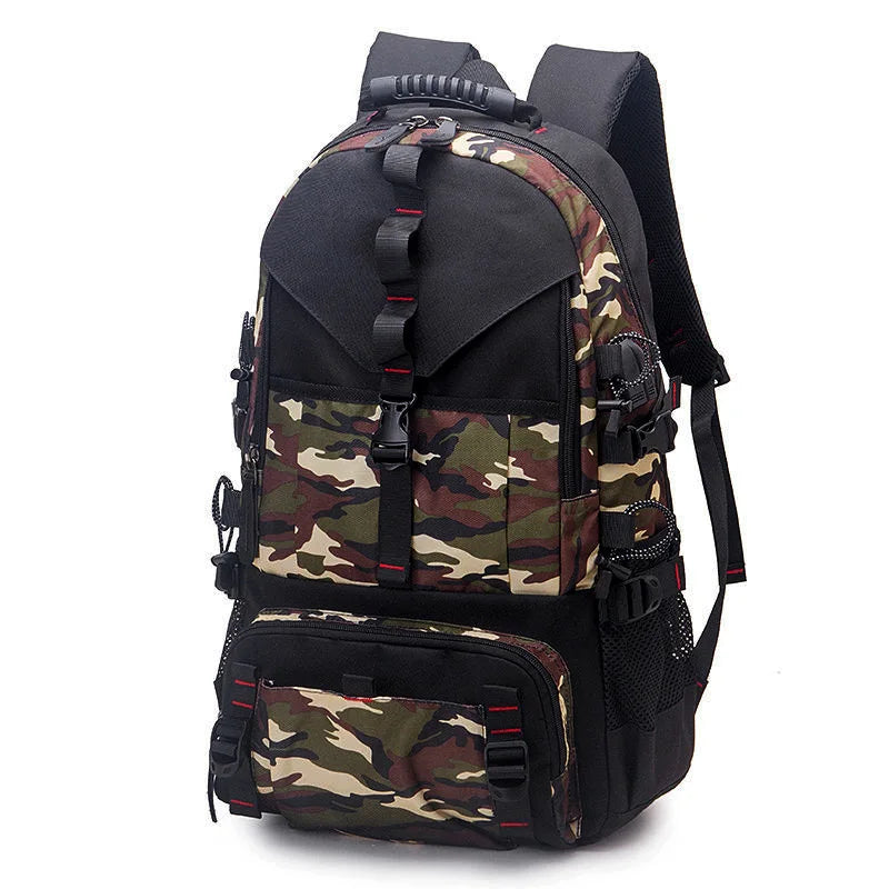 A black and camouflage durable travel backpack for men with multiple compartments.