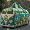 A quilted travel duffle bag shaped like a vintage train car in teal and green fabric.