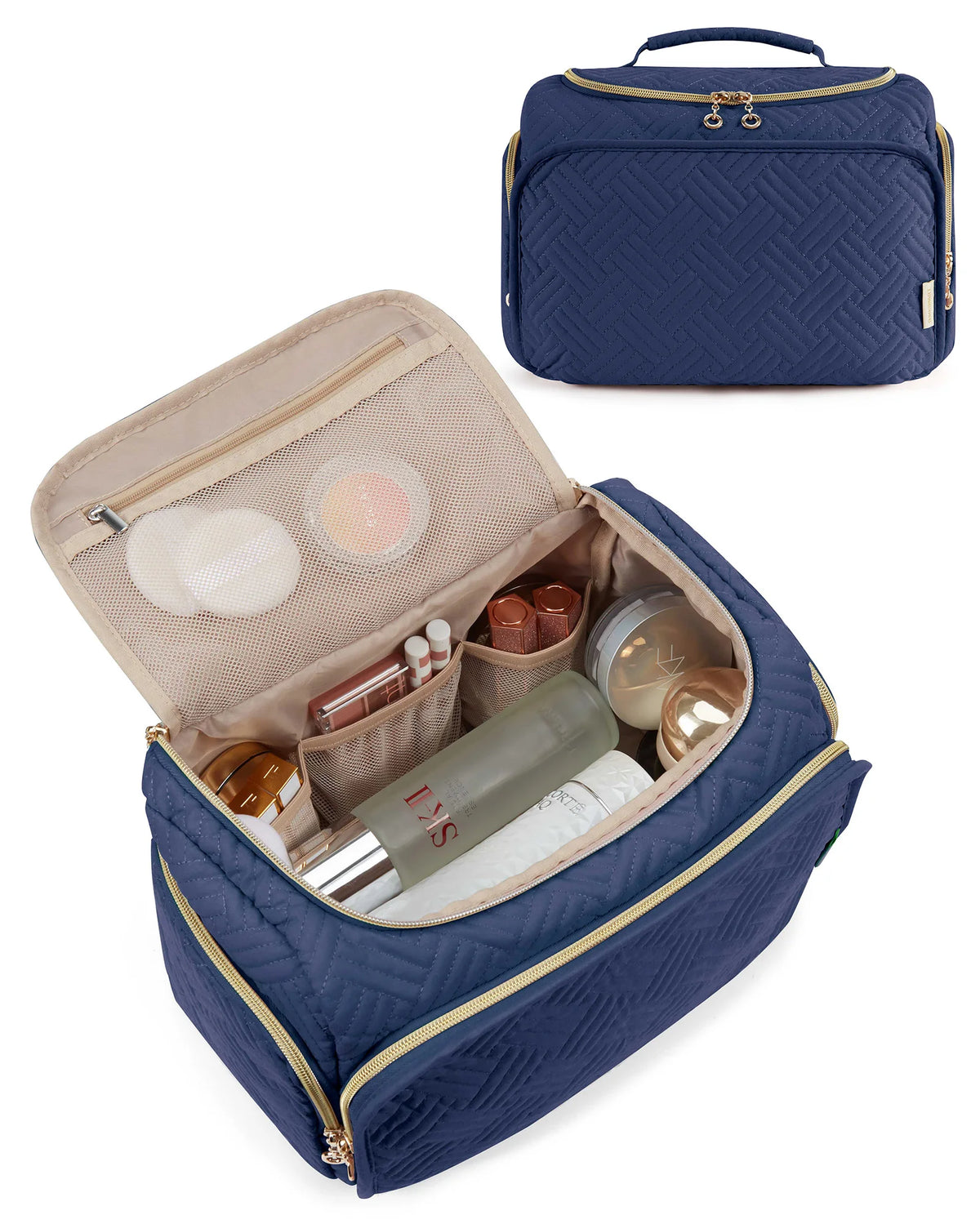 A navy blue cosmetic organizer bag with a quilted pattern is shown open, revealing makeup products and a compact case.