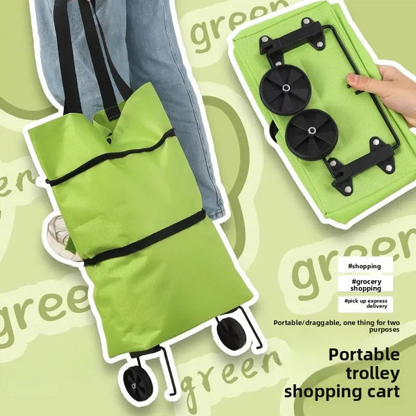 Un chariot de courses pliable vert lime vif avec poignées et roues noires, à côté d'un sac.