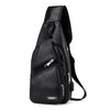 Black men's chest bag with a strap and a zippered pocket.