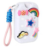 White EVA protective case for hand sanitizer spray with a pink charm keyring and colorful decorations