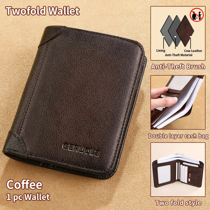A dark brown twofold wallet made of cow leather with a protective anti-theft brush and double layer design.