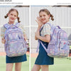 A girl is shown wearing a purple plaid Oxford cloth school backpack in a light purple color.
