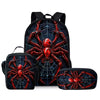 A set of three cartoon spider-themed backpacks featuring red spiders and black webbing.