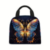 A dark blue insulated tote bag featuring a vibrant orange and blue butterfly print.