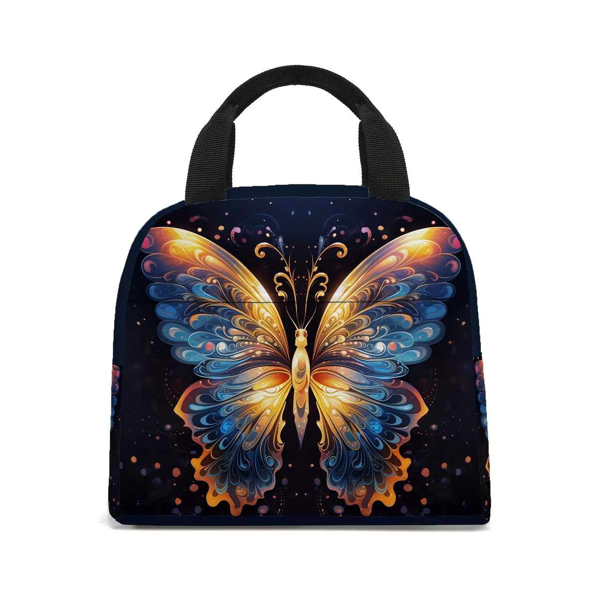 A dark blue insulated tote bag featuring a vibrant orange and blue butterfly print.