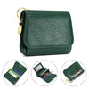 A dark green genuine leather RFID blocking women's wallet shown in various views.