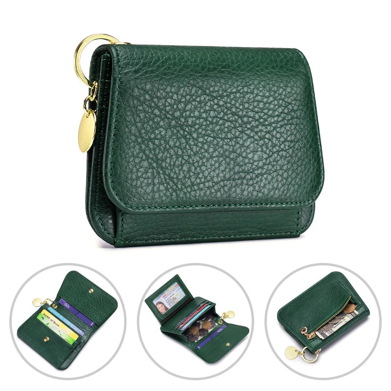 A dark green genuine leather RFID blocking women's wallet shown in various views.